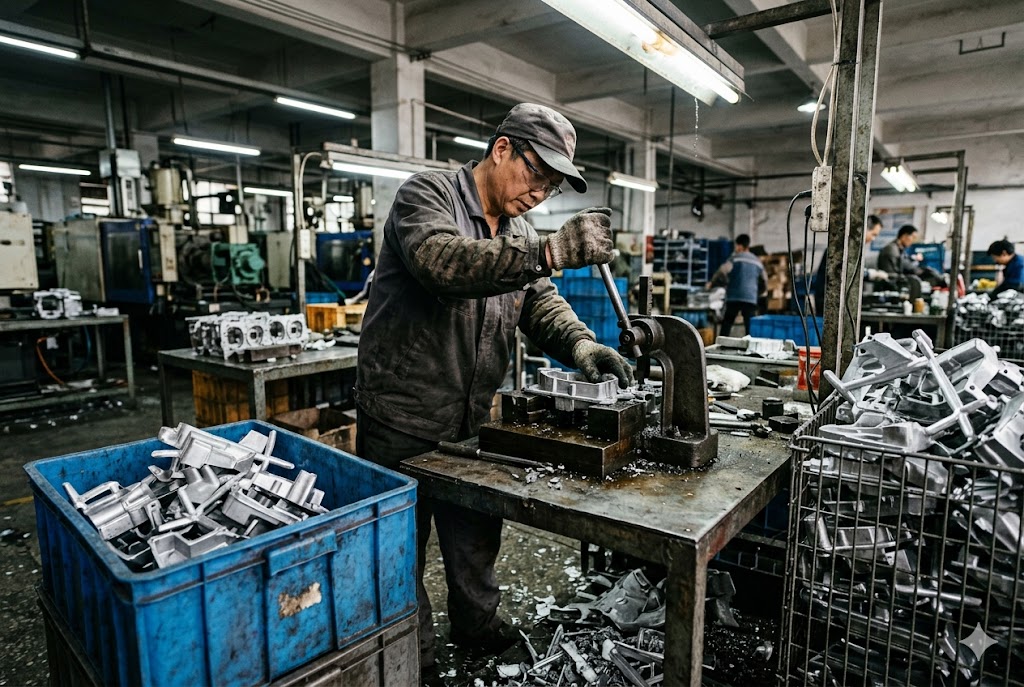 Custom Parts Manufacturing China Factory worker finishing custom aluminum die cast mechanical parts on production floor (ID#3)