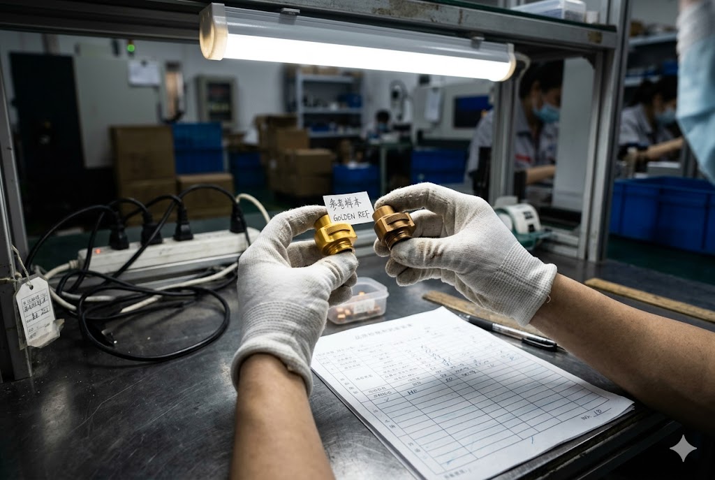 Parts Quality Inspection Quality inspector comparing custom brass fittings against golden reference sample (ID#3)