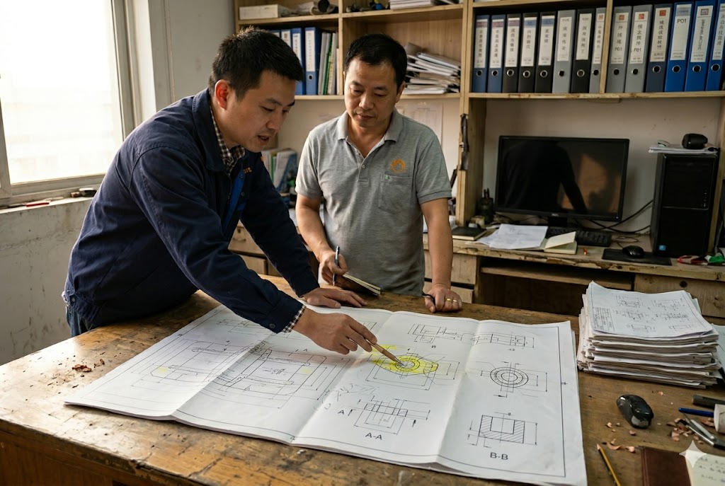 Engineering Drawing Review China Two engineers reviewing custom mechanical part technical drawings at supplier factory (ID#3)