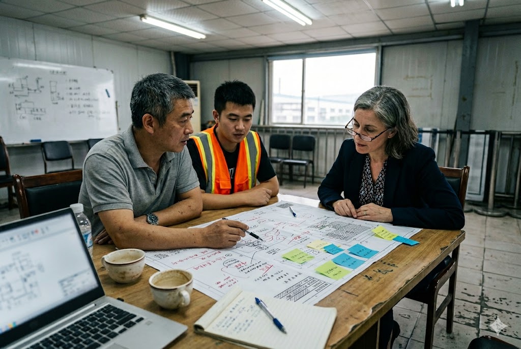 China Factory Audit Meeting Luckym supplier audit team reviewing manufacturing drawings with Chinese factory manager (ID#3)