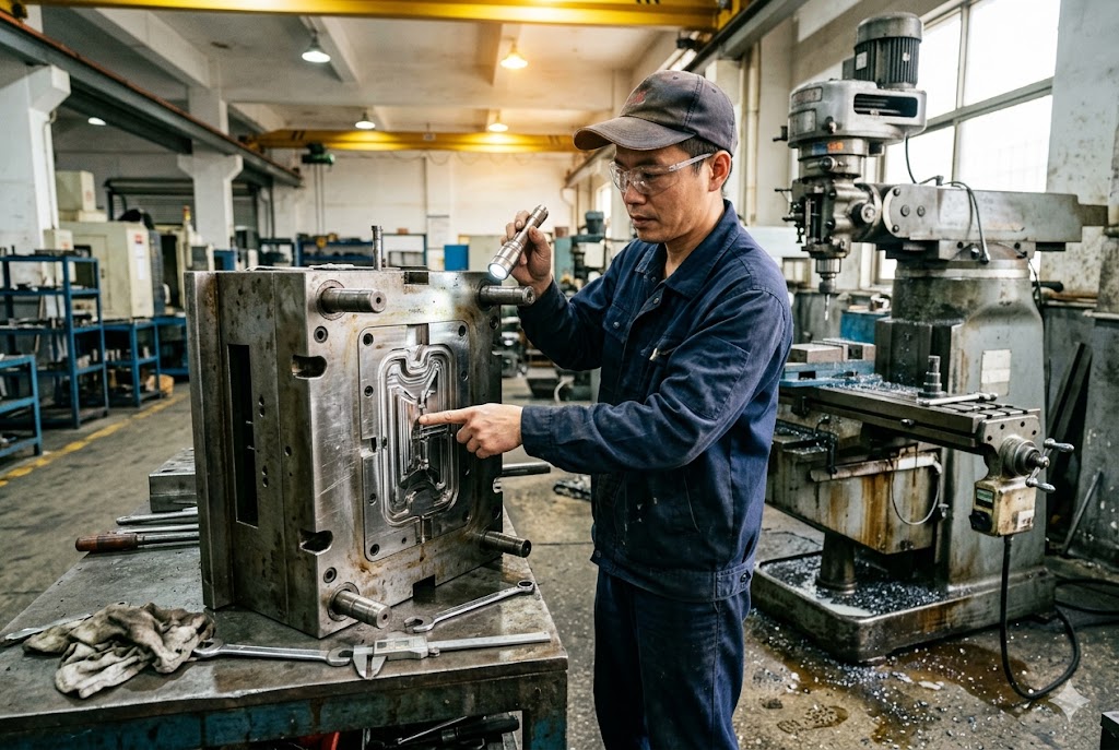 China Mold Making Expert Technician inspecting precision injection mold cavity in China manufacturing facility (ID#3)