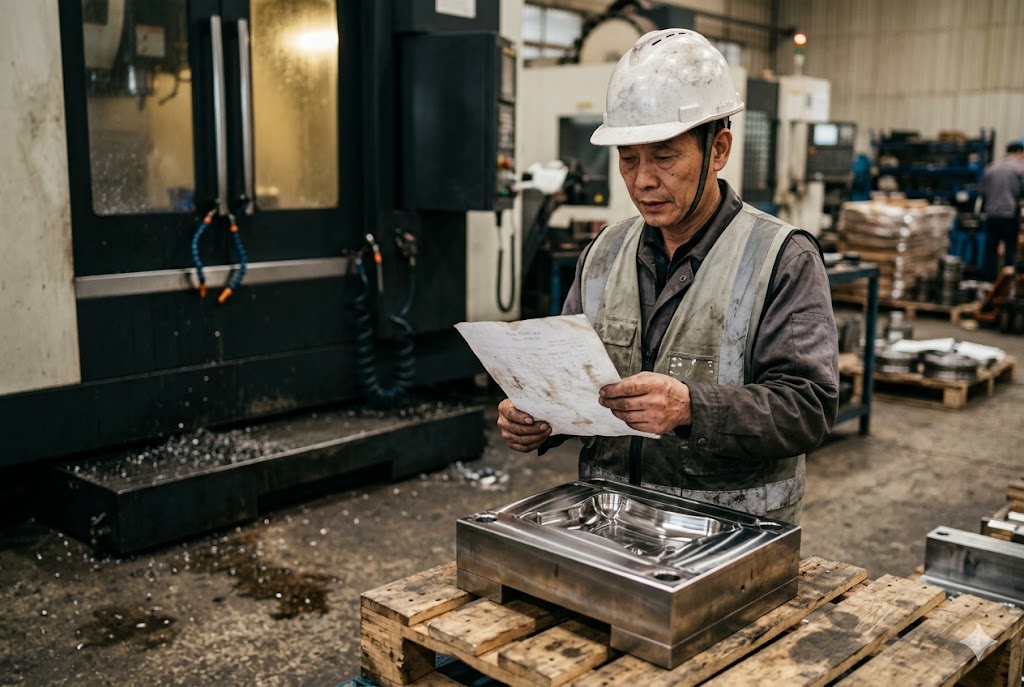 CNC Mold Inspection China Engineer reviewing technical drawings beside precision steel mold at CNC machine (ID#3)