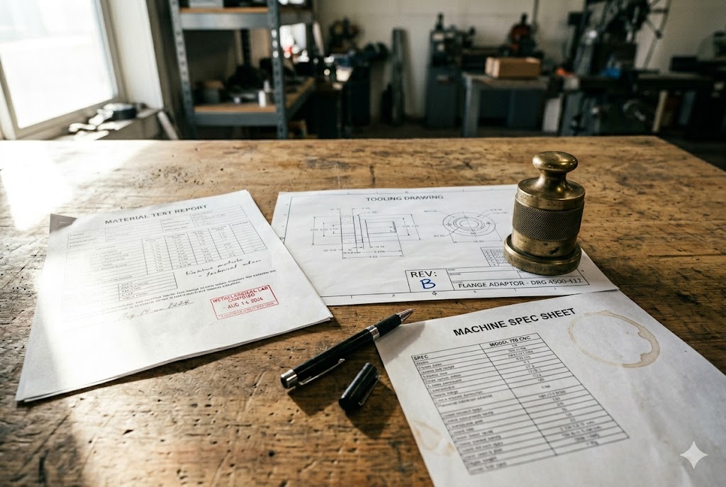 Custom Parts Documentation Review Material test report tooling drawing and machine spec sheet on workshop table (ID#3)