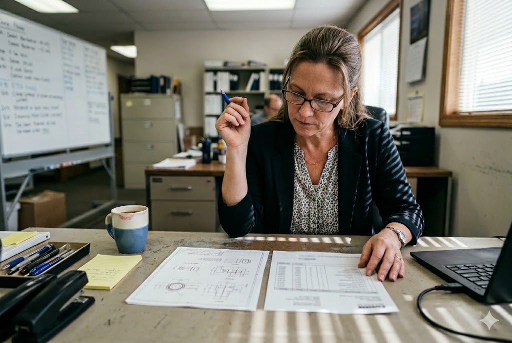 Sourcing Manager Reviews Drawings Purchasing manager reviewing custom mechanical part drawings and specifications (ID#3)