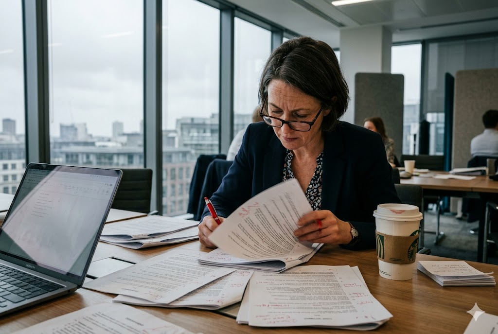 Procurement Manager Reviews Quotes Female purchasing manager annotating supplier quotation documents in modern office (ID#3)