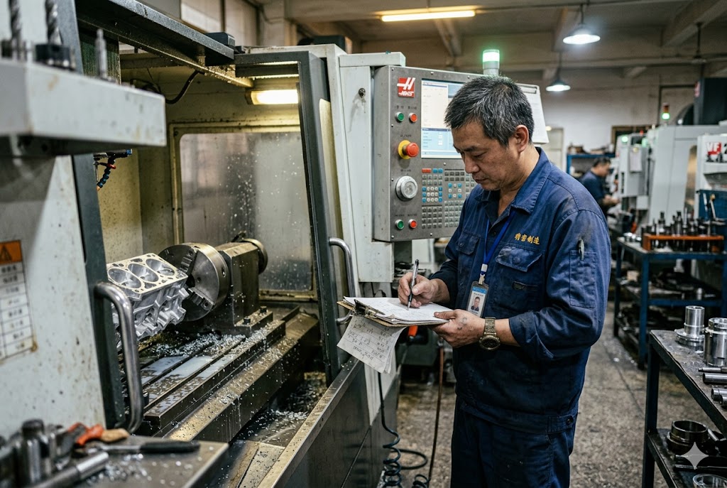 CNC Machining Quality Control CNC machinist recording quality data beside Haas lathe machining mechanical parts (ID#3)