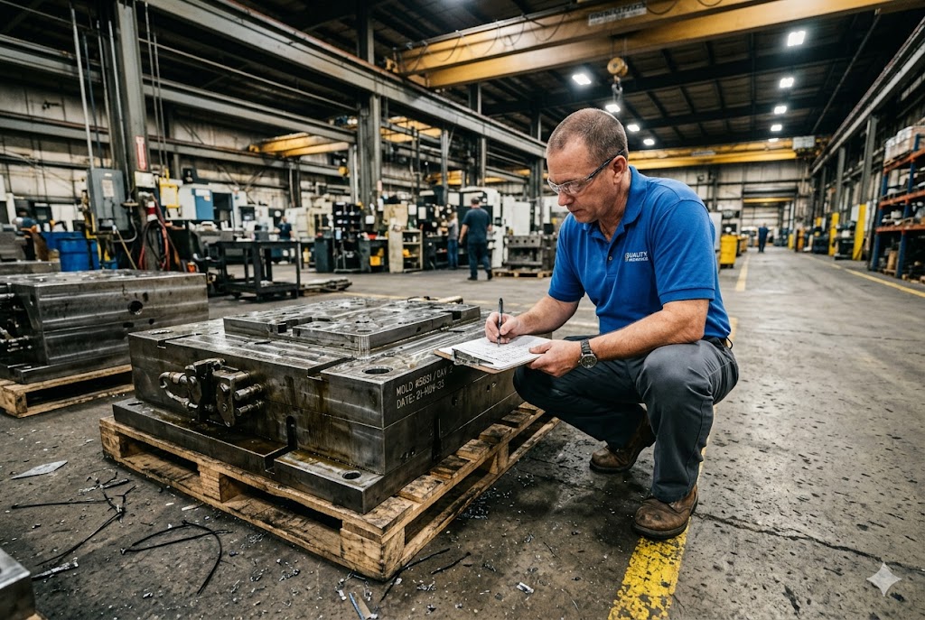 Factory Mold Audit Quality inspector auditing industrial mold on factory floor with clipboard (ID#3)