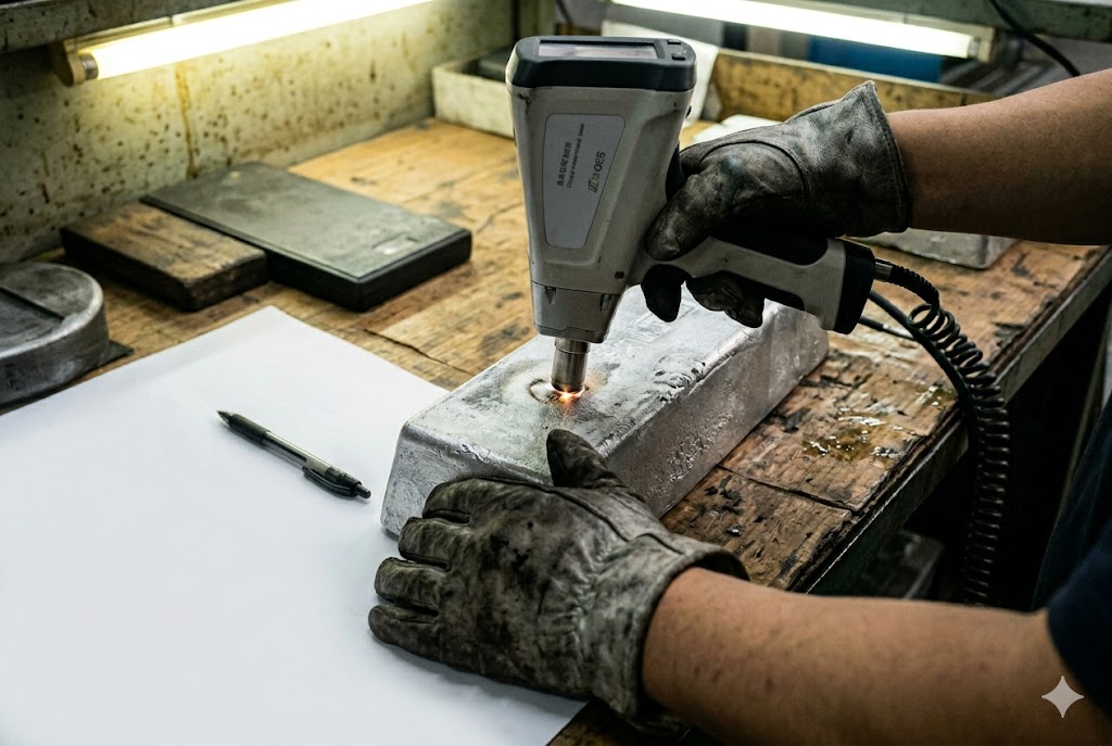 Metal Quality Testing Technician using handheld analyzer for hardness testing on custom metal part (ID#3)