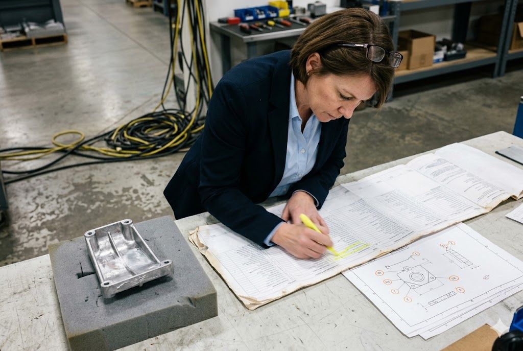 Parts Inspection Review Purchasing manager reviewing custom mechanical part and engineering drawing specs during supplier inspection (ID#3)