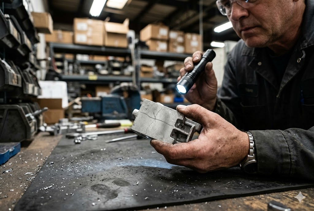 Custom Parts Quality Inspection Quality control inspector using flashlight to examine custom cast metal mechanical part (ID#3)