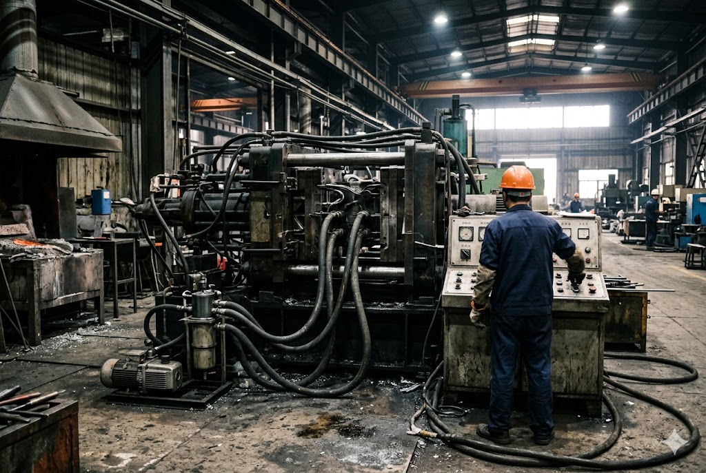 China Custom Parts Manufacturer Factory worker operating heavy industrial die casting machine for custom parts (ID#3)
