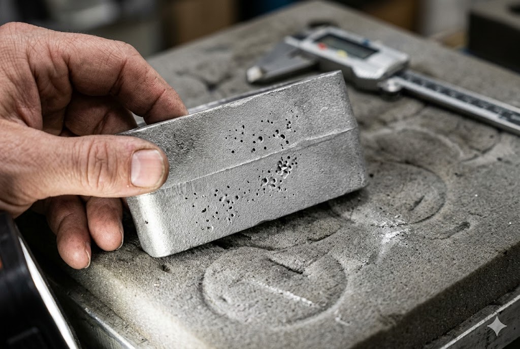 Cast Part Defect Check Inspector holding cast metal part with porosity defects beside digital caliper (ID#3)