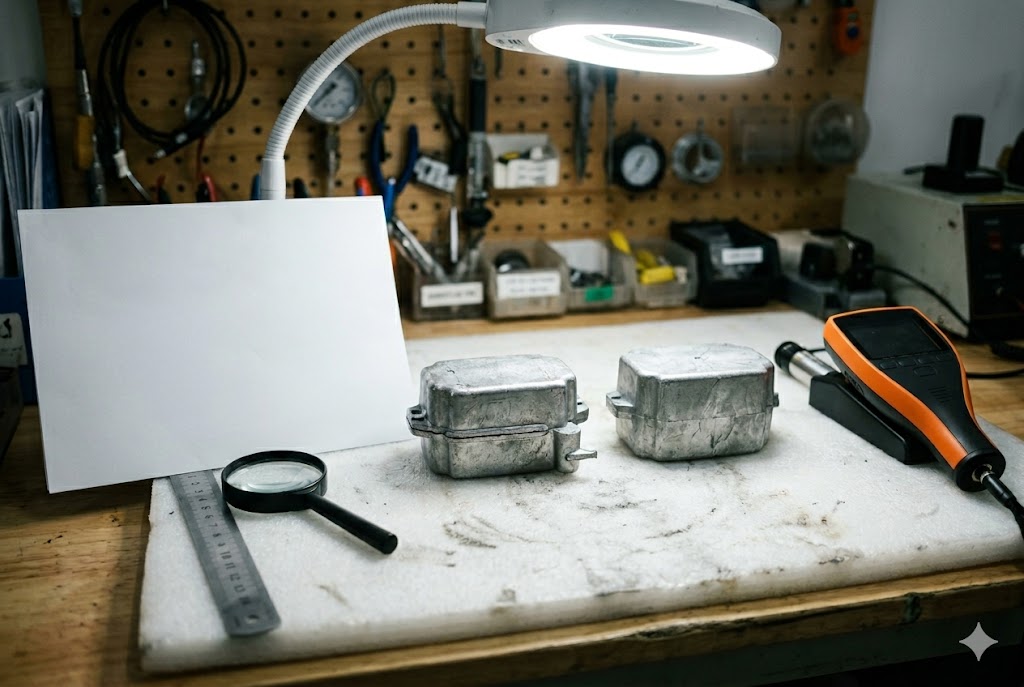 Parts Inspection Setup Custom cast metal parts under magnifying lamp for pre-shipment inspection (ID#3)