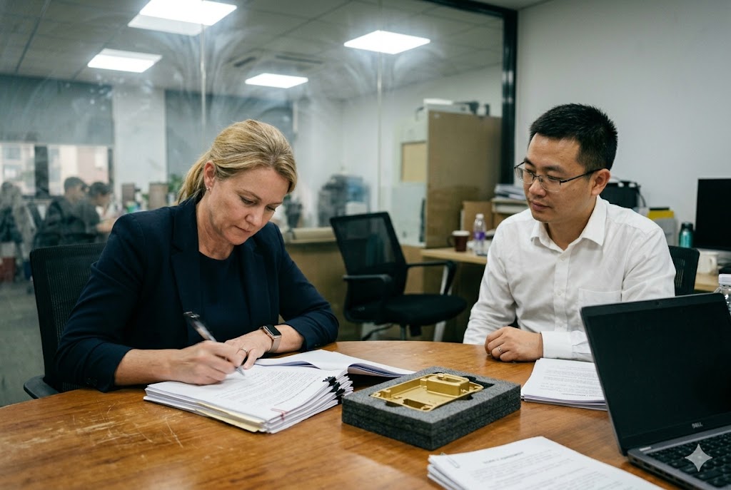 B2B Parts Sourcing Meeting US buyer and Chinese supplier reviewing custom mechanical parts contract together (ID#3)