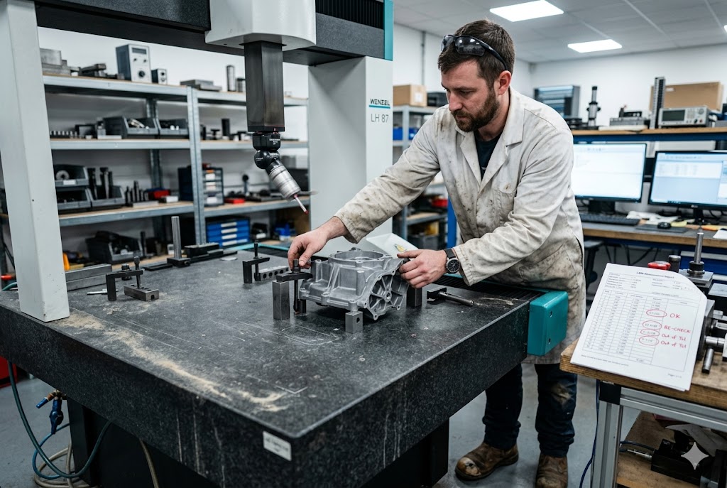 CMM Precision Inspection Quality inspector using CMM machine to measure custom mechanical part tolerances (ID#3)