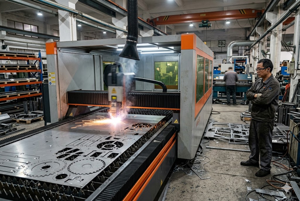 CNC Laser Cutting Service Technician overseeing CNC laser cutting machine processing custom metal parts in factory (ID#3)