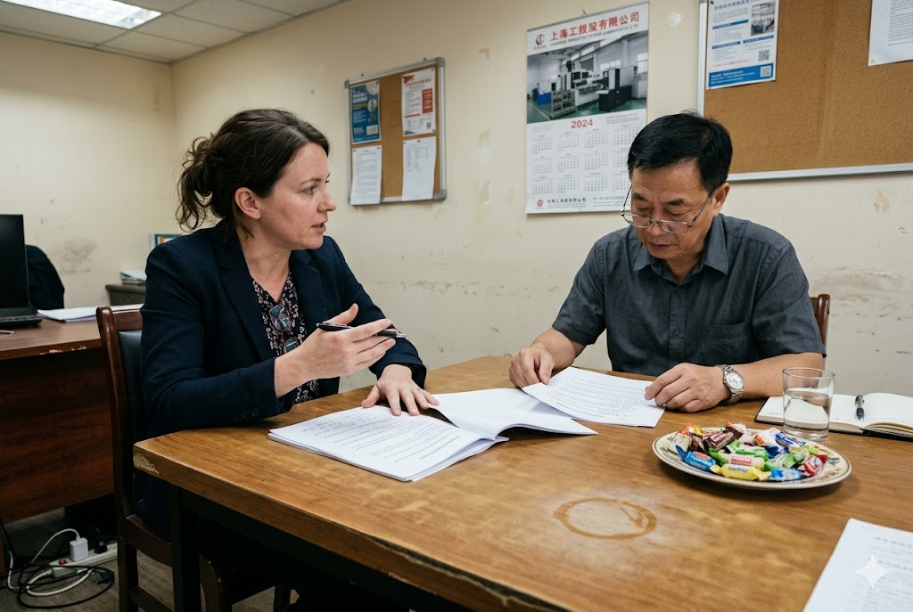 China Supplier Factory Audit Western buyer and Chinese factory manager discussing contract at supplier audit meeting (ID#3)
