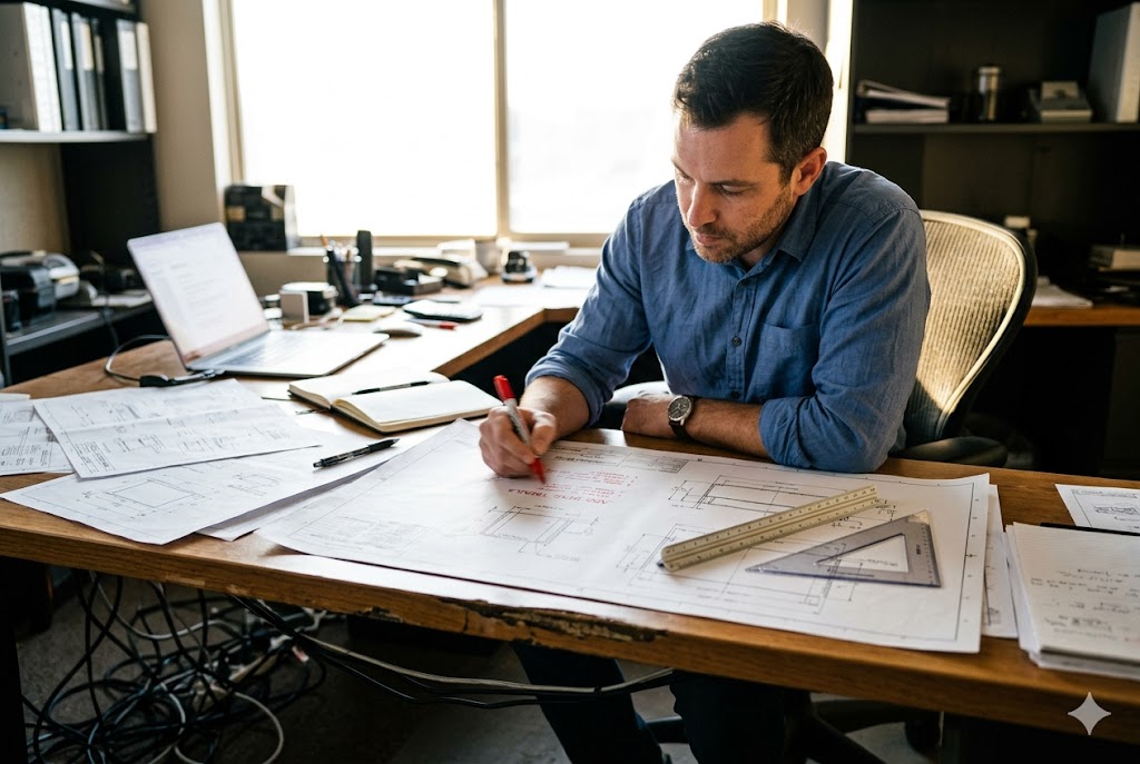 Custom Parts Engineering Engineer annotating custom mechanical parts drawings at desk with ruler and laptop (ID#3)