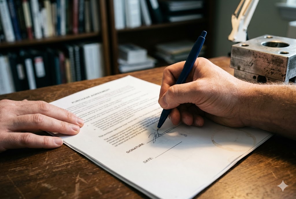 Custom Parts Supply Contract Buyer signing purchase agreement for custom mechanical parts supply contract (ID#3)