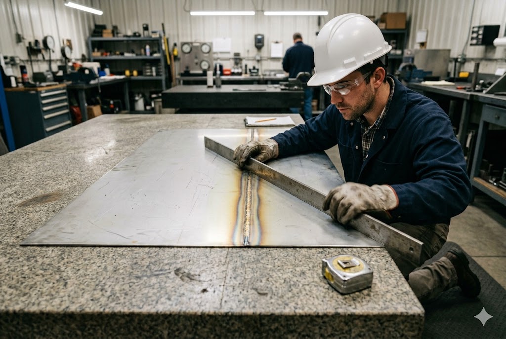 Precision Parts Inspection Quality inspector measuring custom metal sheet dimensions with precision tools (ID#3)