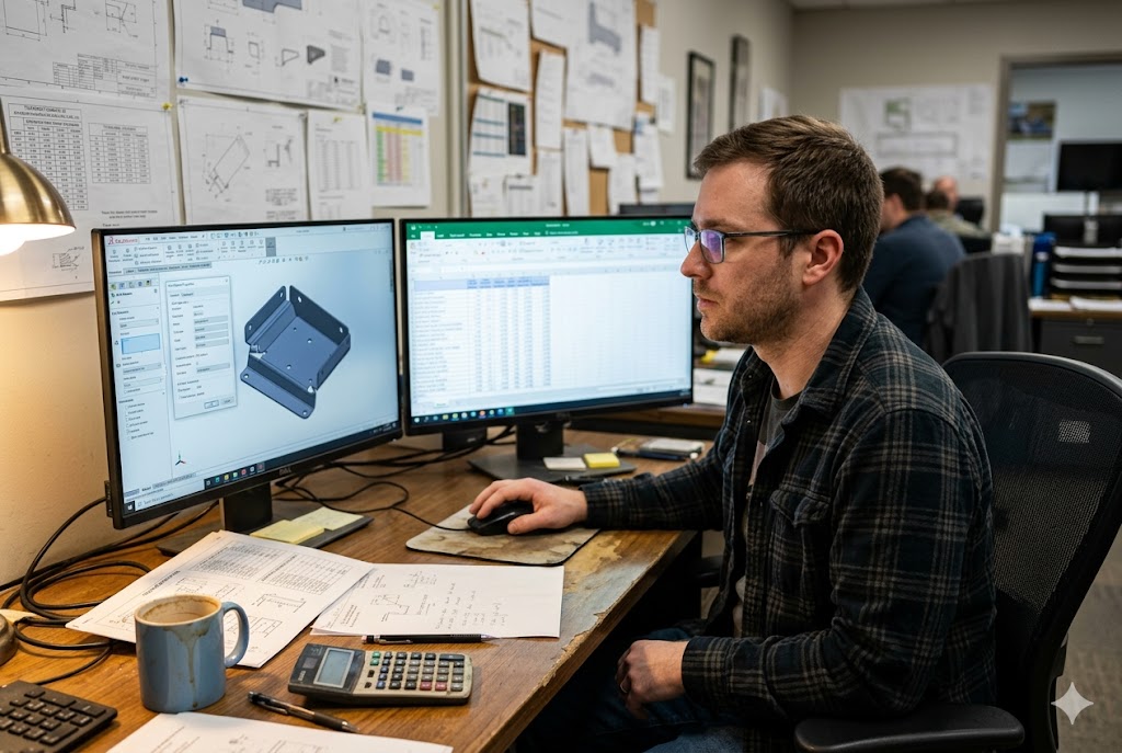 CAD Engineering Review Engineer reviewing 3D CAD model and project data for custom mechanical parts (ID#3)