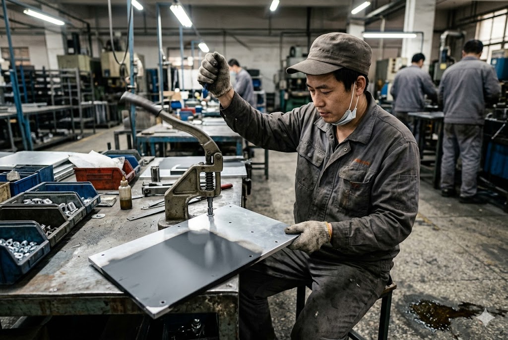 China Contract Manufacturing Chinese factory worker operating press machine to fabricate custom mechanical metal parts (ID#3)