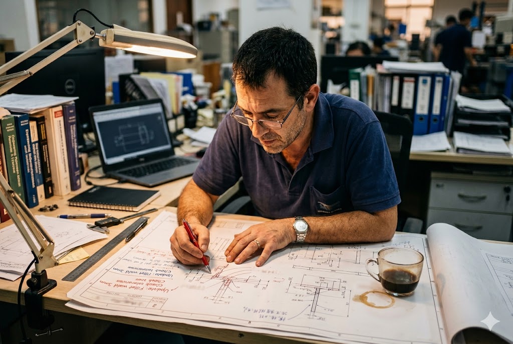 Custom Parts Engineering Design Mechanical engineer reviewing custom part drawings and tolerances at office desk (ID#3)