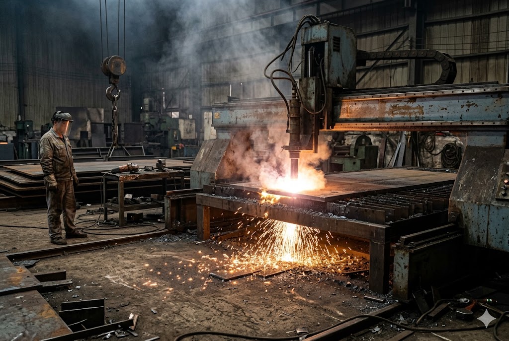 Steel Plasma Cutting Factory worker operating large plasma cutting machine with sparks flying (ID#3)
