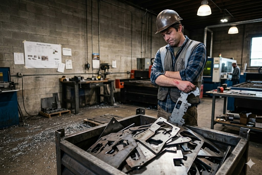 Custom Parts Quality Inspection Quality inspector examining custom stamped metal parts in manufacturing facility (ID#3)