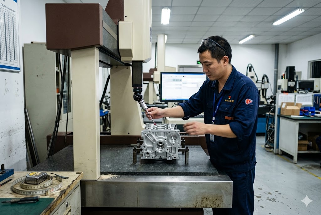 CMM Precision Parts Inspection Technician using CMM coordinate measuring machine to inspect custom mechanical part (ID#3)