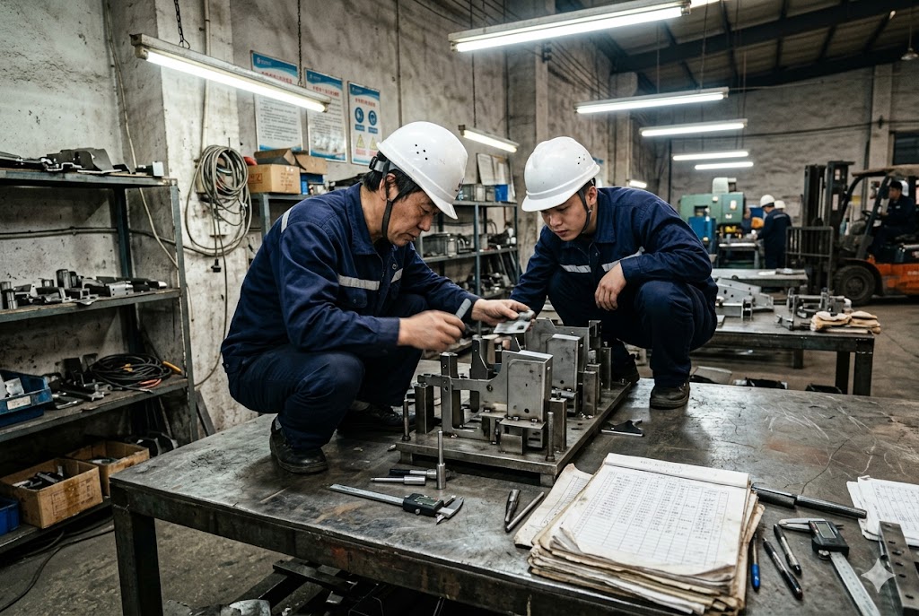 China Factory Inspection Two factory technicians inspecting custom mechanical parts assembly in China (ID#3)