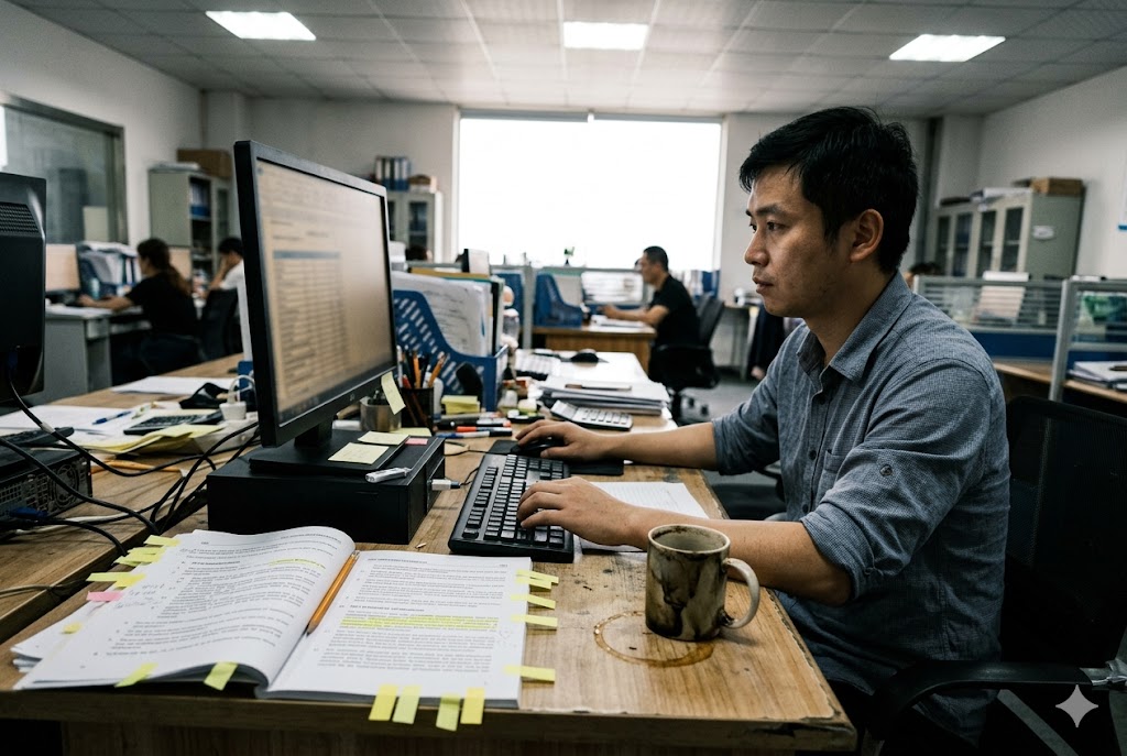 China Parts Order Management Supply chain project manager processing custom mechanical parts orders at office desk (ID#3)