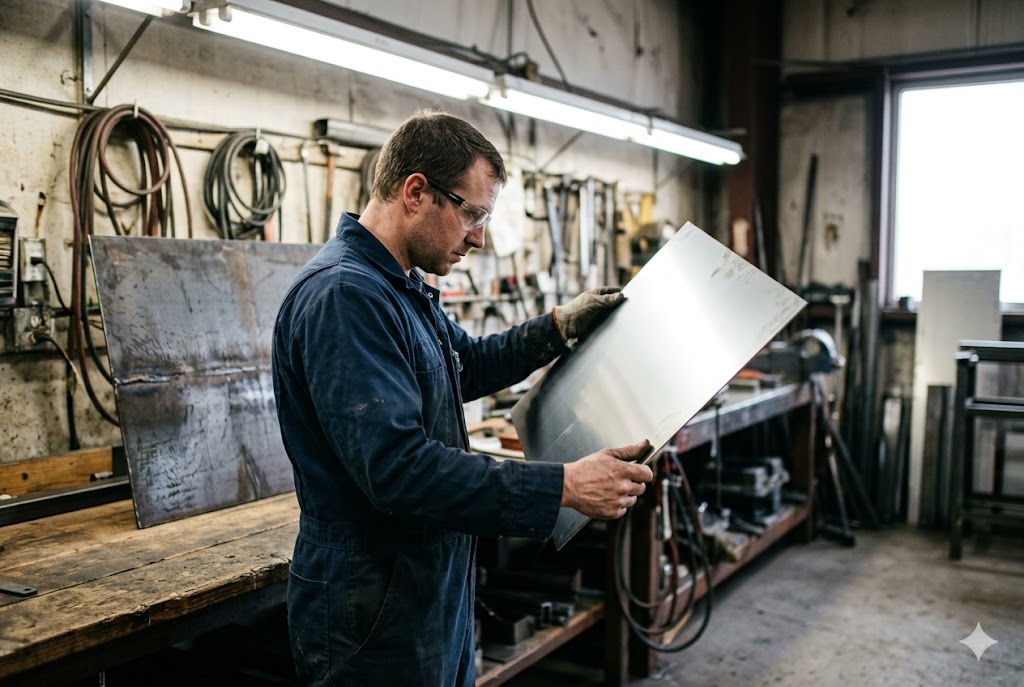 Metal Parts Surface Inspection Technician inspecting custom metal sheet surface finish in manufacturing workshop (ID#3)