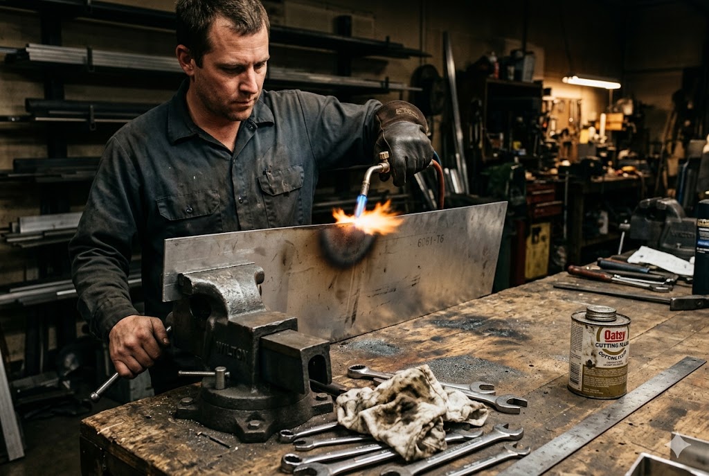 Custom Metal Part Fabrication Technician applying torch heat to aluminum metal part secured in workshop vise (ID#3)