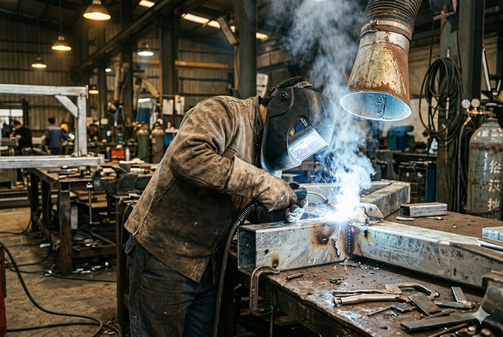 China Welding Custom Parts Skilled welder fabricating custom metal parts in China manufacturing facility (ID#3)
