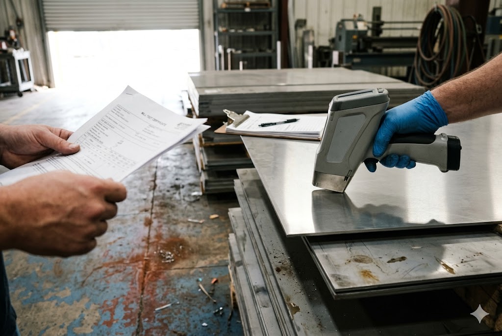 Metal Material Quality Inspection Quality inspector scanning metal sheet with XRF gun during incoming inspection (ID#3)