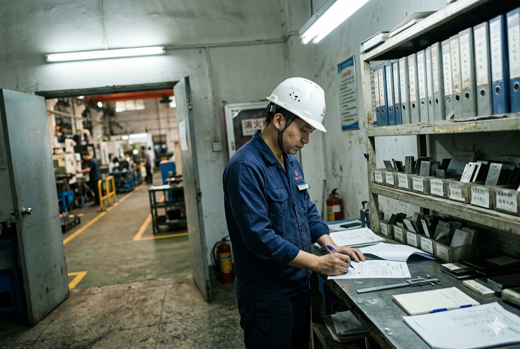 Factory QC Process Control Quality control engineer reviewing production checklist in Chinese mechanical parts factory (ID#3)
