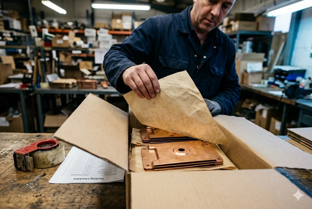 Export Parts Packaging Technician packing custom copper mechanical parts in export carton with checklist (ID#3)