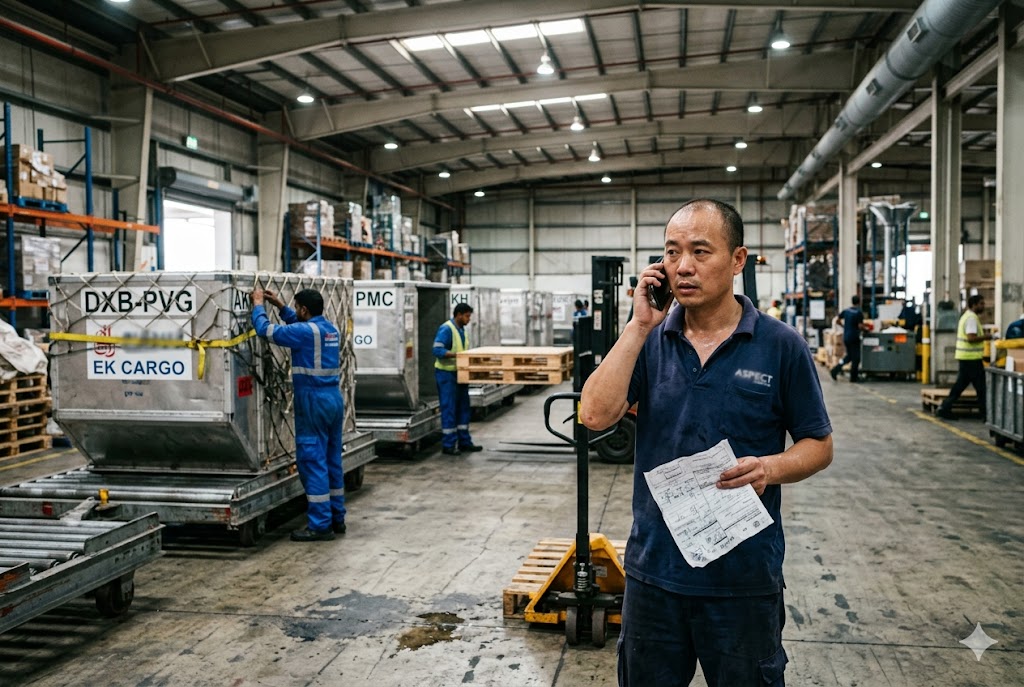 Global Cargo Logistics Manager Logistics manager coordinating international cargo shipment at warehouse by phone (ID#3)