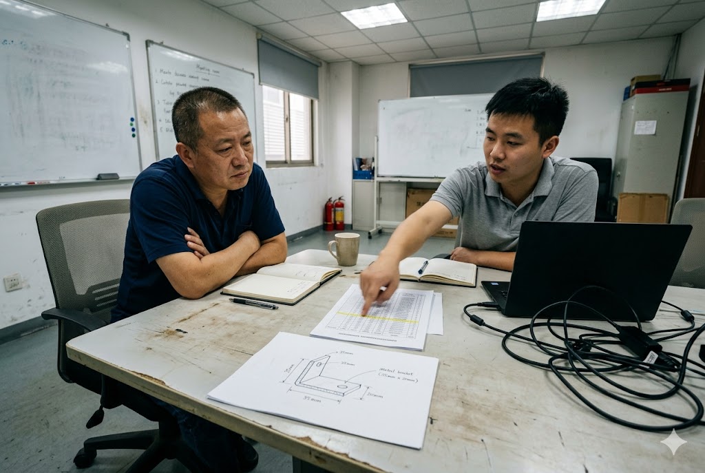 Custom Parts Supplier Consultation Luckym supply chain team discussing custom mechanical part drawings and quotation details (ID#3)