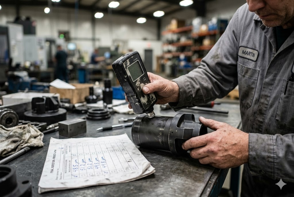 CNC Part Quality Inspection Inspector using handheld gauge to measure custom machined part tolerance (ID#3)