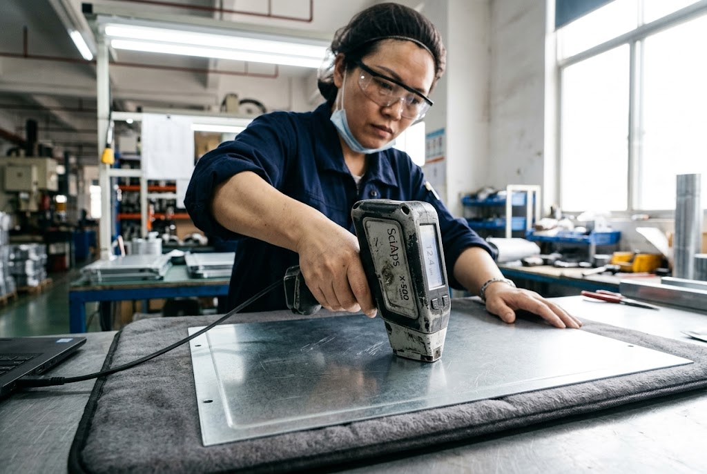 Metal Material Testing QC technician using XRF analyzer for material testing on metal part (ID#3)