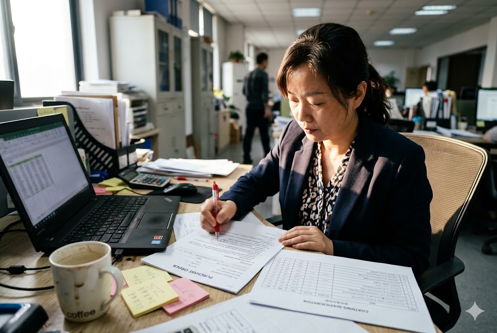 Order Management Review Supply chain manager reviewing purchase order documents at office desk (ID#3)
