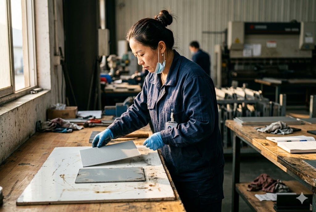 Metal parts quality inspection Female factory worker inspecting custom metal sheet parts at production workbench (ID#3)