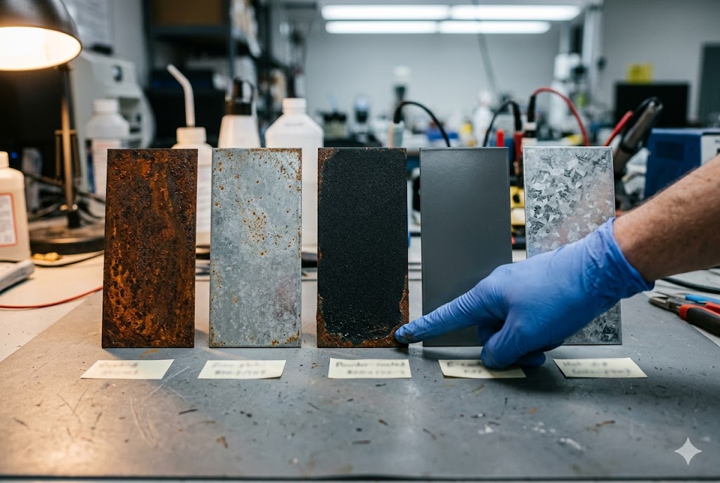 Metal Surface Finish Samples Quality engineer comparing metal surface finish samples in lab for custom parts (ID#3)
