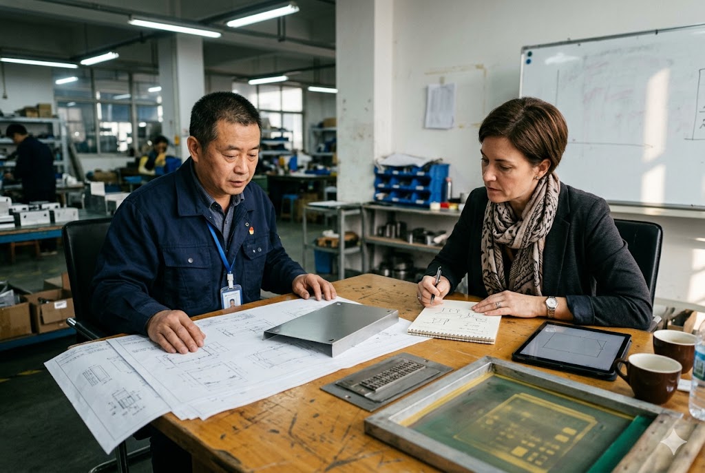 Parts Sourcing Consultation Purchasing manager reviewing custom mechanical parts drawings with Chinese supplier (ID#3)