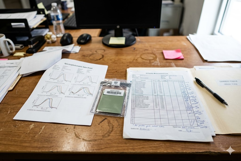 QC Documentation Review Quality control desk with spectrophotometric data sheets and measurement forms (ID#3)