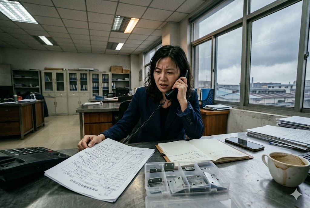 Parts Order Coordination Supply chain manager coordinating custom parts order via phone at desk (ID#3)