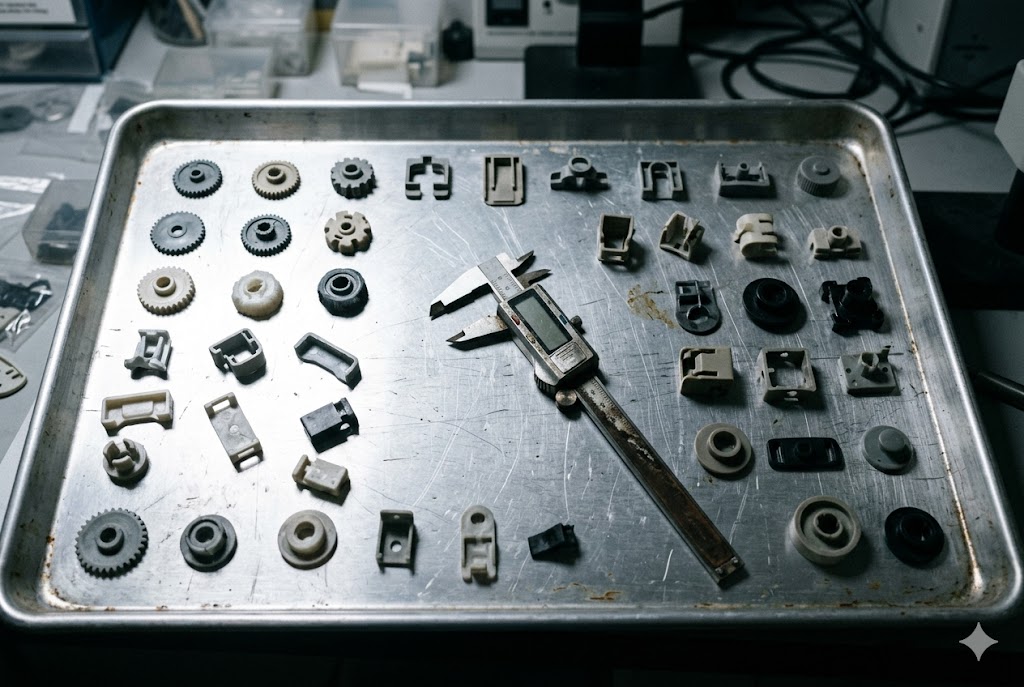 Custom Parts Inspection Tray Custom mechanical parts and gears arranged on inspection tray with digital caliper (ID#3)