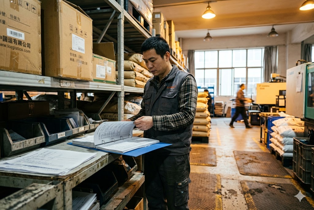 Warehouse Order Management Factory floor supervisor checking production order documents beside warehouse shelving (ID#3)